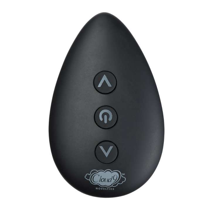 Close-up image of the wireless remote that controls the pumps and vibrations of the anal enema douche.