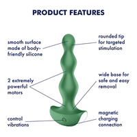 Image showing product features. Include smooth surface made of body-friendly silicone, 2 extremely powerful motors, control vibrations, rounded tip for targeted stimulation, wide base for safe and easy removal, and magnetic charging connection.