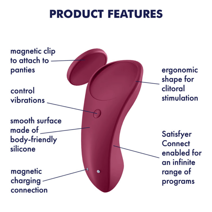 Product features of the sexy secret panty vibrator. Magnetic clip to attach to panties, control vibrations, smooth surface made of body-friendly silicone, magnetic charging connection, ergonomic shape for clitoral stimulation, Satisfyer Connect enabled for an infinite range of programs.