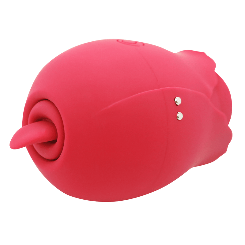 Image of the rose vibrator turned slightly to the side, showing the tongue licker at the bottom.