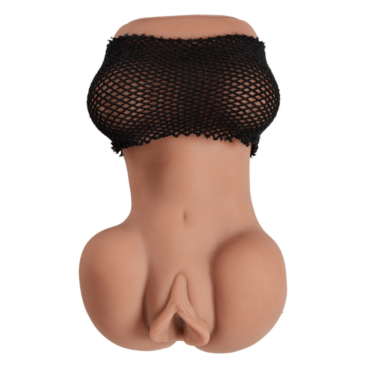 Image of the masturbator standing upright. Bodystocking is covering the breasts.