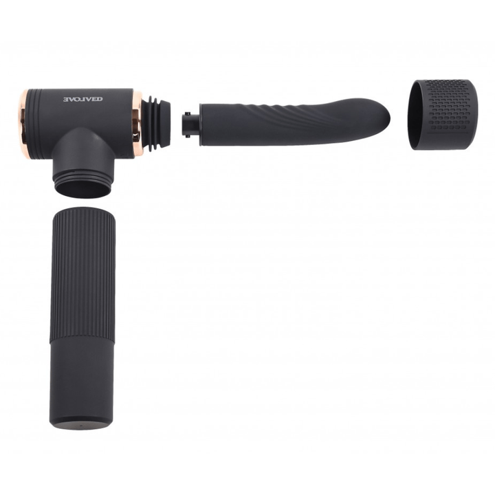 Image of the device not assembled but showing where all of the parts go. This displays the option of using the handle.
