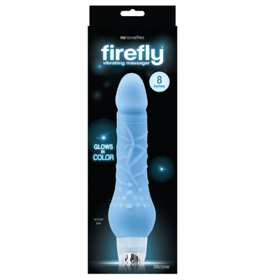 Image of the product packaging for the blue 8 inch dildo.