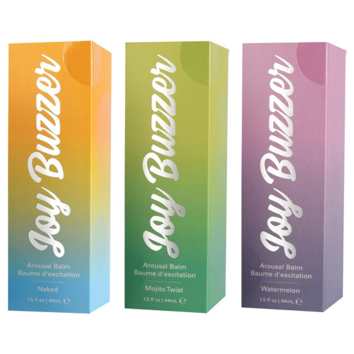 Image of the front of the packaging for the Joy Buzzer Clitoral Arousal Balm.