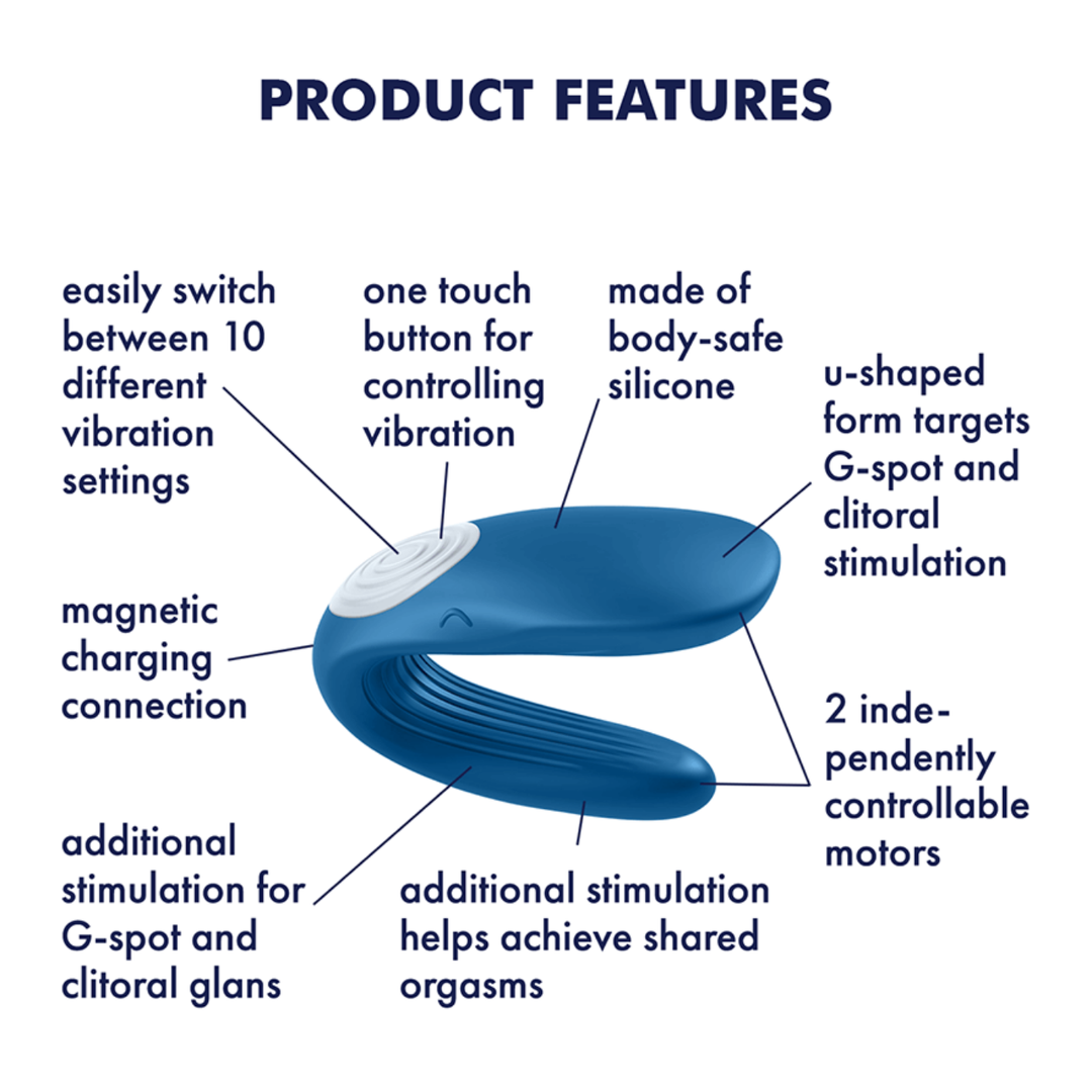 Image showing the product features. Features include - easily switch between ten different vibration settings, magnetic charging connection, additional stimulation for G-spot and clitoral glans, additional stimulation helps achieve shared orgasms, two independently controlled motors, u-shaped form targets G-spot and clitoral stimulation, made of body-safe silicone, and one touch button for controlling vibrations.