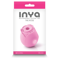 Image of the product packaging. Packaging reads: INYA rechargeable suction vibe. The rose. NS Novelties. Silicone.