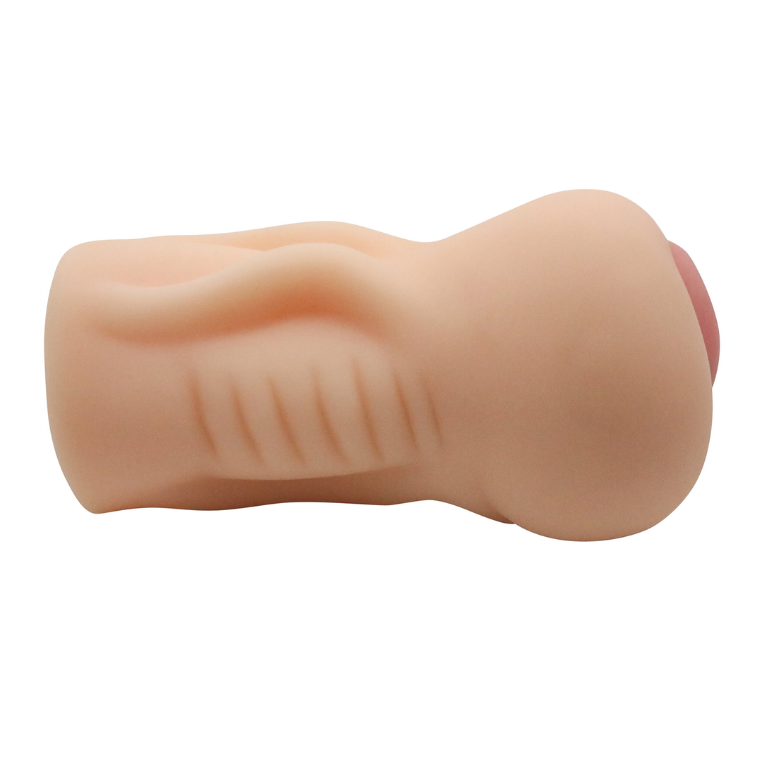 Another image of the side of the masturbator! This easy to grip stroker has contoured edges that allows you to easily vary the pressure with every stroke. Try this life-like pussy masturbator out today!