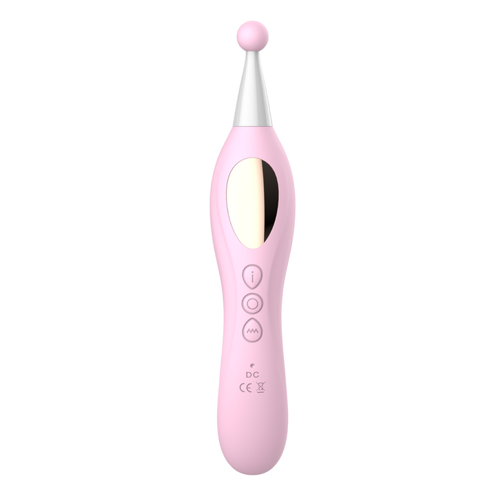 air pulse toy with vibrating tip facing back showing controls and charging port