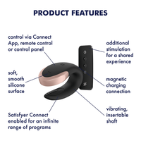 Image of the Satisfyer Double Love Luxury Couples Vibe showing product features. Text reads control via Connect App, remote control or control panel, soft, smooth silicone surface, Satisfyer Connect enabled for an infinite range of programs, additional stimulation for a shared experience, magnetic charging connection, vibrating, insertable shaft.