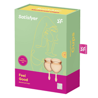 Image of the packaging for the Satisfyer Feel Good Menstrual Cups. Text on box reads Satisfyer Menstrual Cups, first experience set, feel good menstrual cups, 15 mL, 20 mL.