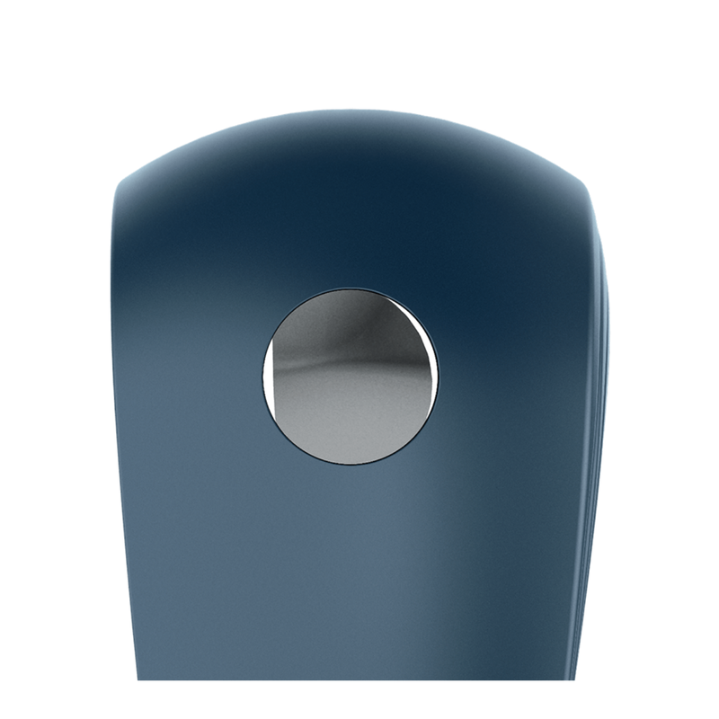 Image of the Satisfyer Power Ring Vibrating Couples Cockring showing the power button on the side of the ring.  This silicone cockring helps prolong your erection and delivers strong rechargeable vibrations!