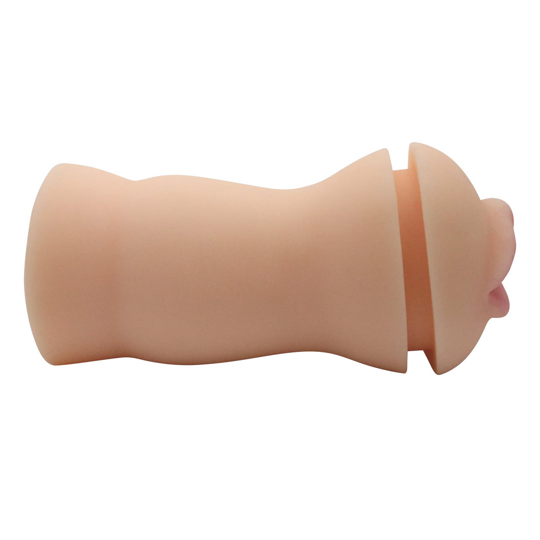 Image of the side of the masturbator. This toy is easy to grip so that you can easily and comfortably control the intensities while you masturbate! Perfect to use solo or even with a partner to spice things up!