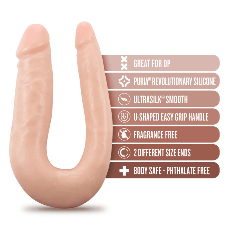 Image of the double dong and its product features. Features include: Great for DP, Puria revolutionary silicone, ultrasilk smooth U-shaped easy rip handle, fragrance free, 2 different size ends, body safe - phthalate free.