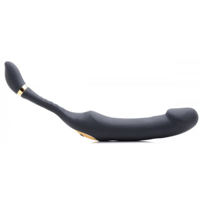 Another image of the vibrator on its side, with the clitoral feature extended to show the total length of the product.