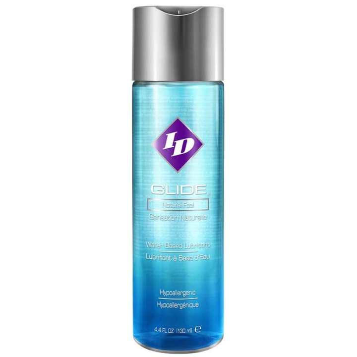 Image of the 4.4 fluid ounce bottle of the lube. Safe to use on sensitive skin and with condoms! The perfect water-based lube for any occasion.