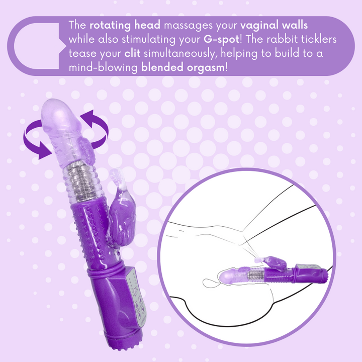 The rotating head massages your vaginal walls while also stimulating your G-spot! The rabbit ticklers tease your clit simultaneously, helping to build to a mind-blowing blended orgasm!