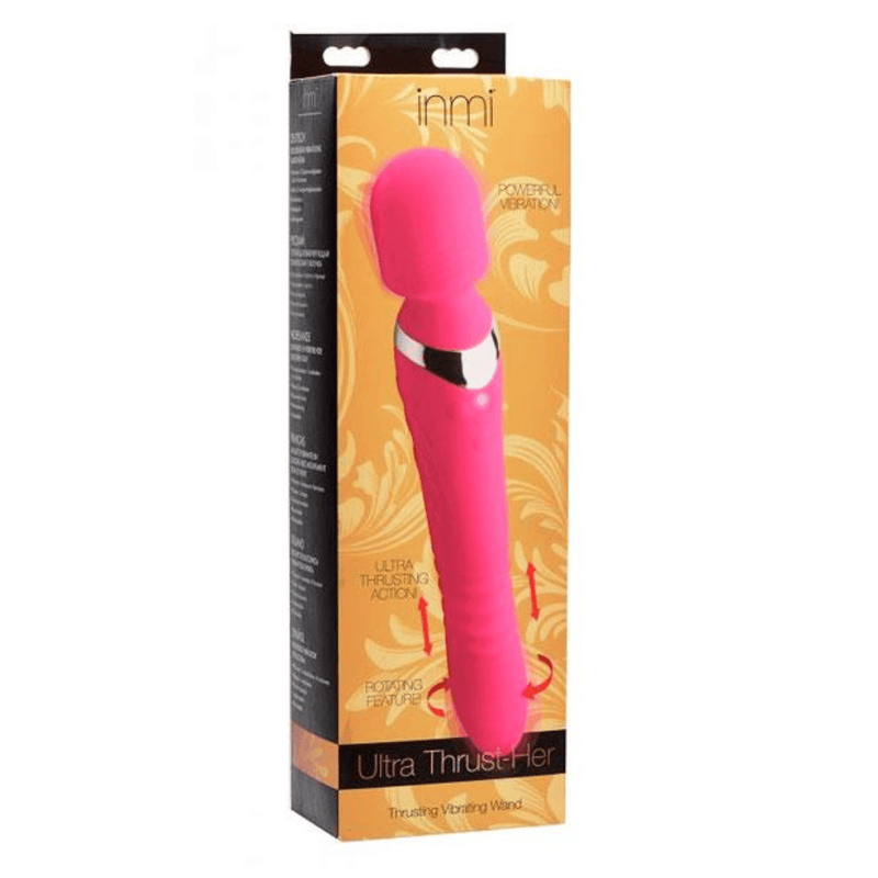 Image displays a Ultra Thrust-Her Vibrating Silicone Wand in manufacturers packaging.