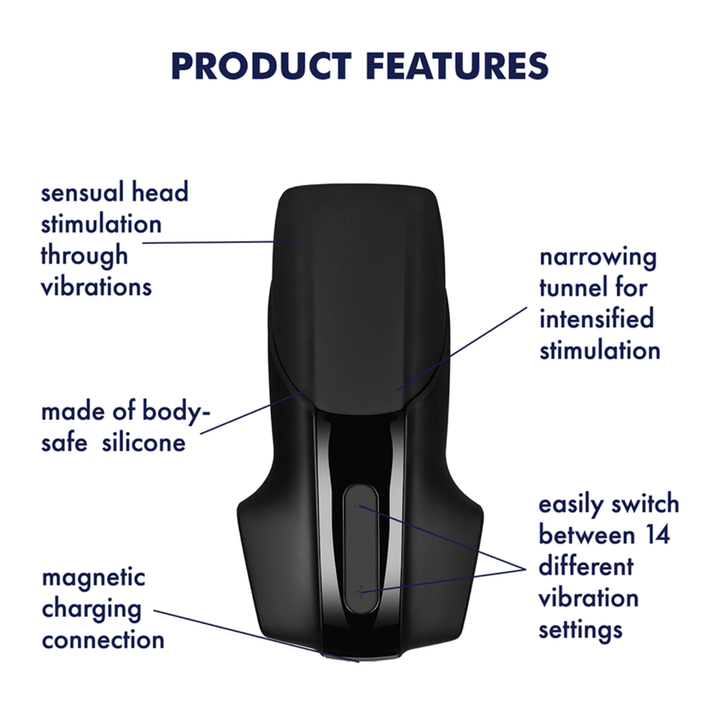 Image of the Satisfyer Men Vibrating Masturbator showing product features. Text reads sensual head stimulation through vibrations, made of body-safe silicone, magnetic charging connection, narrowing tunnel for intensified stimulation, easily switch between 14 different vibration settings.