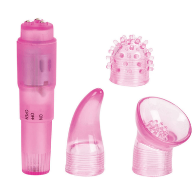 Image of the clit stimulator next to its 3 attachments.