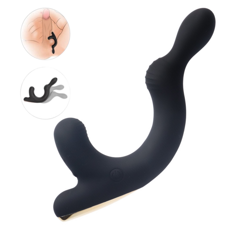 Image of the prostate and ball masturbator, showing its flexibility and how to use it.