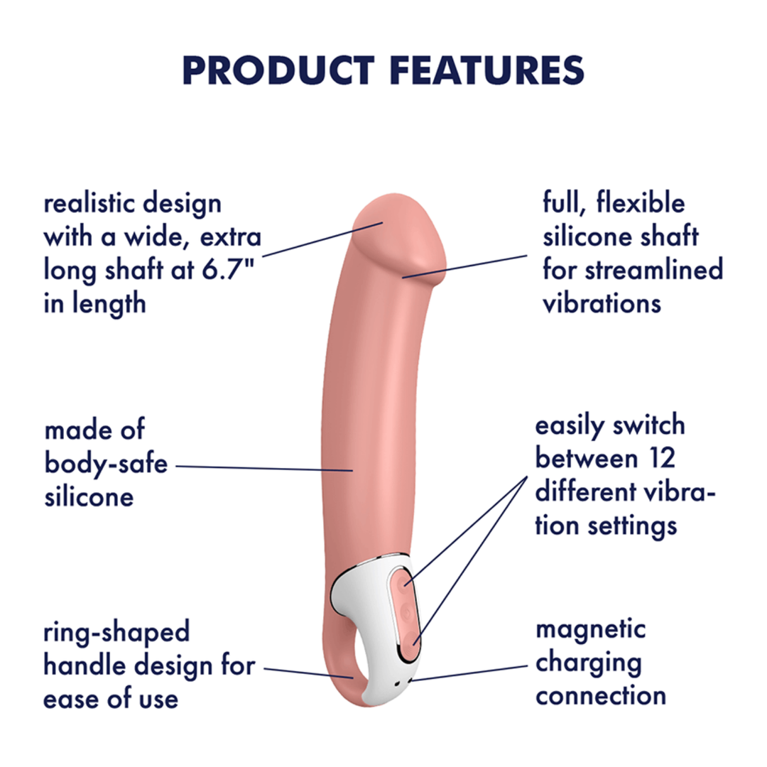 Image of the product features. Features include - realistic design with a wide, extra long shaft, made of body-safe silicone, ring-shaped handle design for easy of use, full, flexible silicone shaft for streamlined vibrations, easily switch between 12 different vibration settings, and magnetic charging connection.