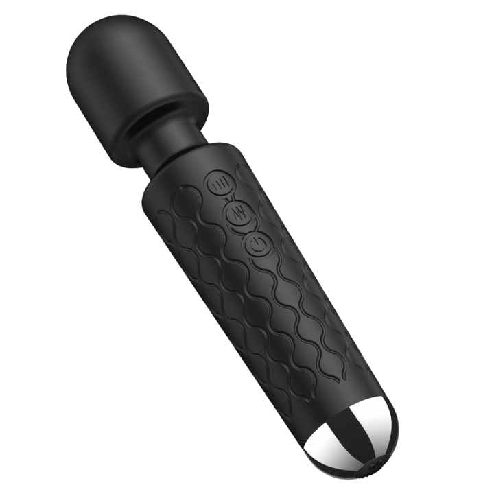Image of the wand massager tilted slightly to the side and upright.
