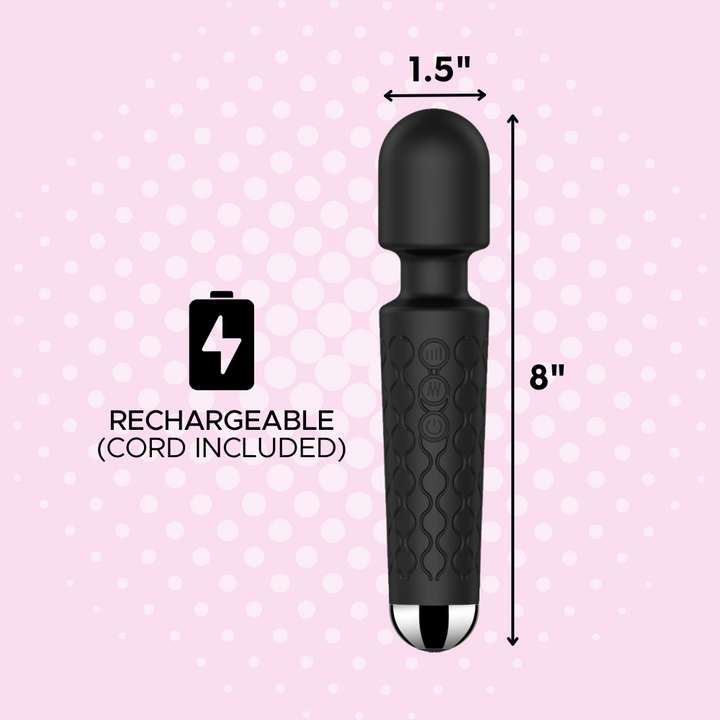 rechargeable (cord included) the wand is one and a half inches wide and eight inches tall