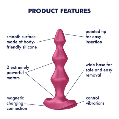 Image of Satisfyer Lolli-Plug Silicone Vibrating Butt Plug showing product features. Text reads smooth surface made of body-friendly silicone, 2 extremely powerful motors, magnetic charging connection, pointed tip for easy insertion, wide base for safe and easy removal, control vibrations.