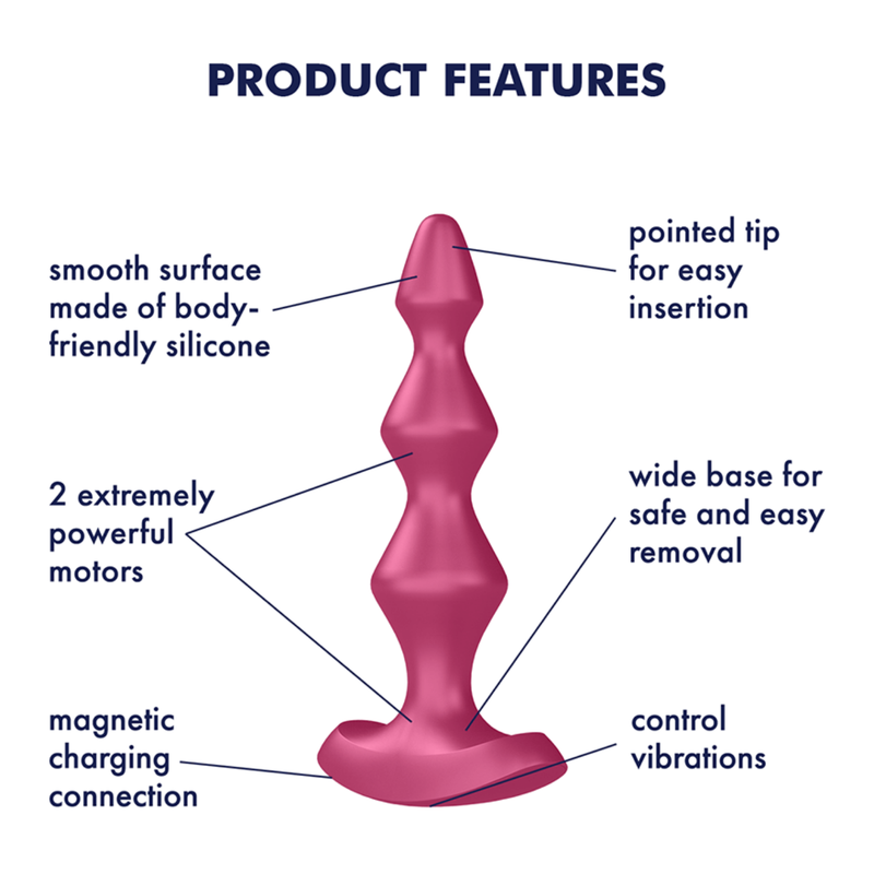 Image of Satisfyer Lolli-Plug Silicone Vibrating Butt Plug showing product features. Text reads smooth surface made of body-friendly silicone, 2 extremely powerful motors, magnetic charging connection, pointed tip for easy insertion, wide base for safe and easy removal, control vibrations.