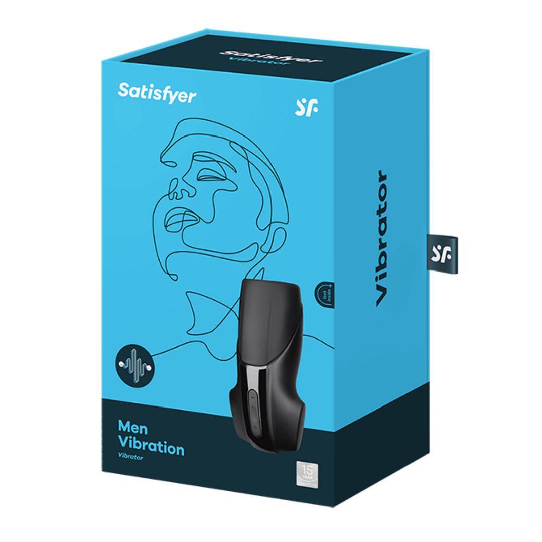Image of the packaging for the Satisfyer Men Vibrating Masturbator. This premium male sex toy comes in a sturdy box suitable for storing this toy.