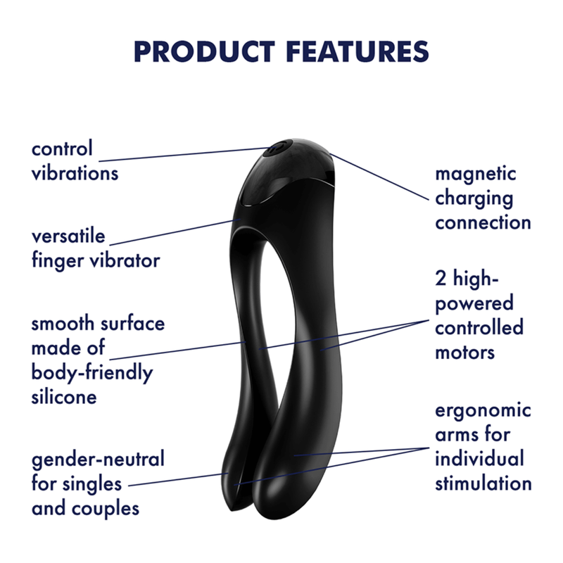Image showing the product features. Features include - control vibrations, versatile finger vibrator, smooth surface made of body-friendly silicone, gender-neutral for singles and couples, magnetic charging connection, two high-powered controlled motors, and ergonomic arms for individual stimulation.