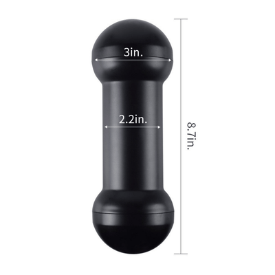 Image of stroker with measurements. 2.2 inch wide plastic stroker case, 3 inch wide ends, 8.7 inch long stroker case