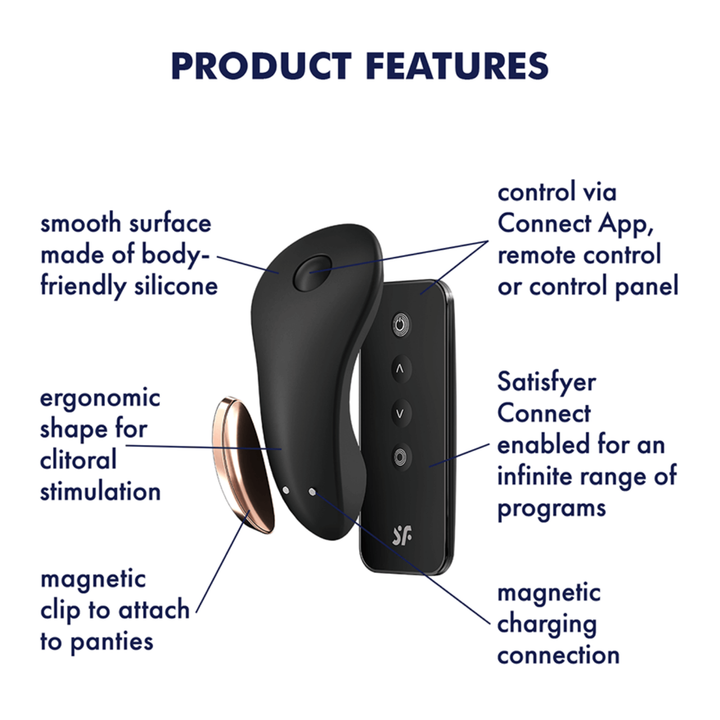 Image of product features. Features include: Smooth surface made of silicone, ergonomic shape for clitoral stimulation, magnetic clip to attach to panties, control via connect app, remote control, or control pannel, Satisfyer Connect enabled for an infinite range of programs, and magnetic charging connection.