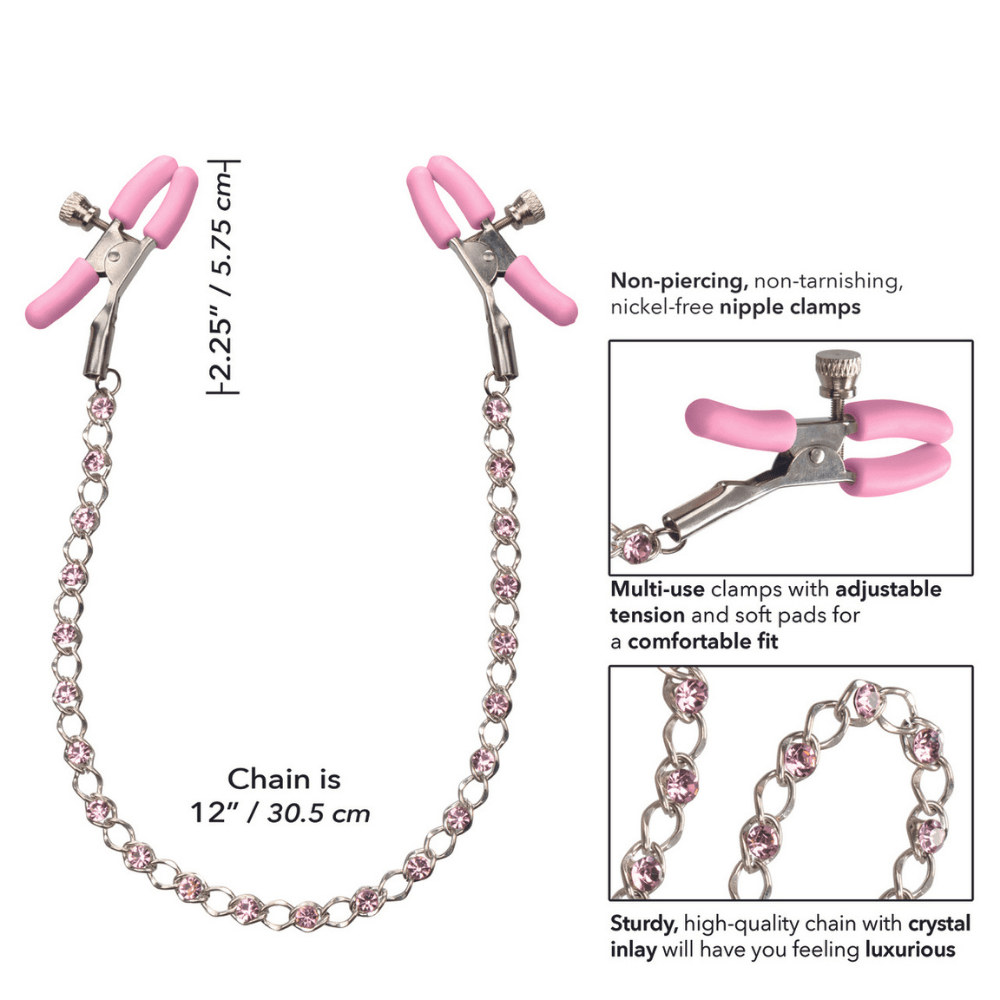 Image showing the product features of the nipple clamps. Graphic reads: Non-piercing, non-tarnishing, nickel-free nipple clamps. Multi-use clamps with adjustable tension and soft pads for a comfortable fit. Sturdy, high-quality chain with crystal inlay will have you feeling luxurious. 