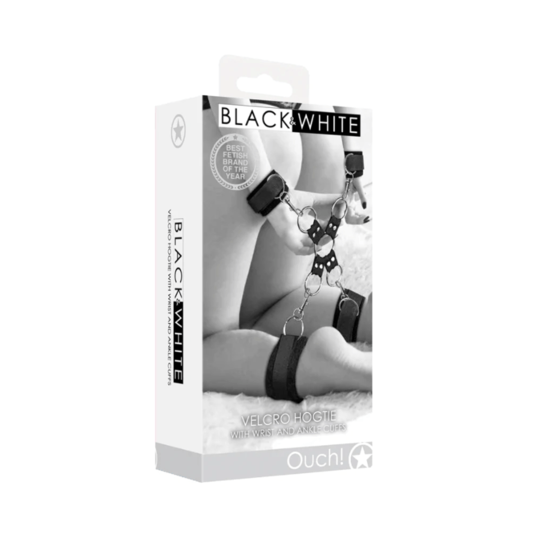 Image displays Ouch! Velcro Hogtie with Hand and Ankle Cuffs in manufacturers packaging.