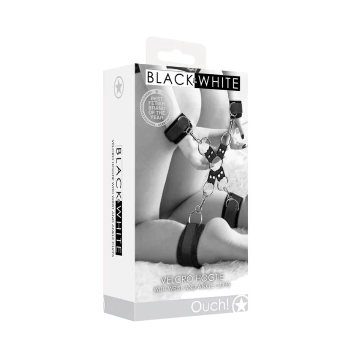 Image displays Ouch! Velcro Hogtie with Hand and Ankle Cuffs in manufacturers packaging.