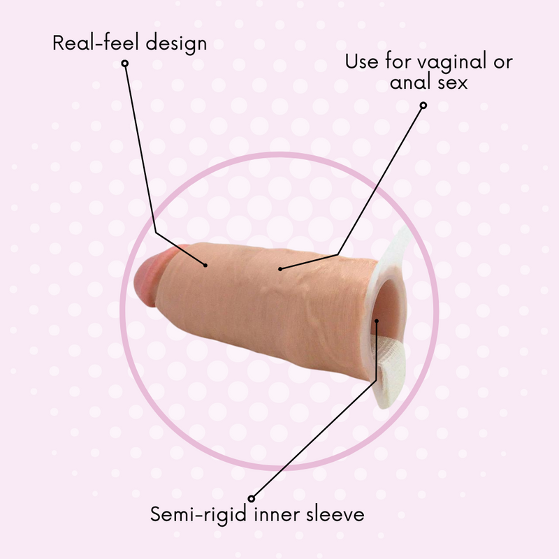 Hollow extension has a real-feel design, a semi-rigid inner sleeve, and can be used for vaginal or anal sex.