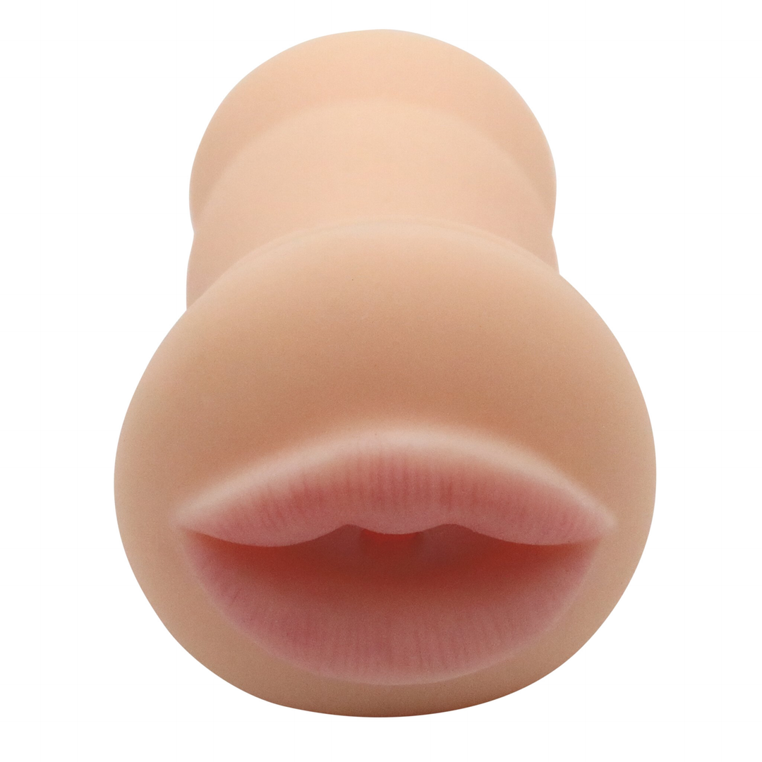 Front-view image of the masturbator. This massager is ultra life-like and will feel just like the real thing! The textured inside of this toy will provide you with added stimulation as you thrust it in and out of you! Try this mouth masturbator out today!