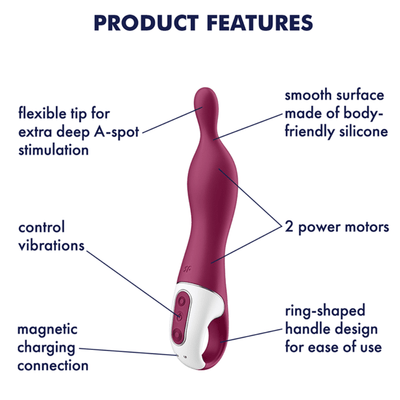 Product features. Flexible tip for extra deep a-spot stimulation. Control vibrations. magnetic charging connection. Smooth surface made of body-friendly silicone. 2 power motors. ring-shaped handle design for ease of use.