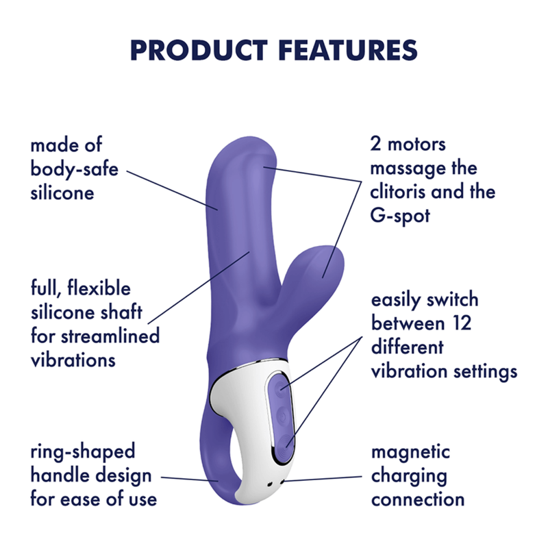 Photo of the product features. Features include - Made of body-safe silicone, full, flexible silicone shaft for streamlines vibrations, ring-shaped handle design for ease of use, two motors massage the clit and the G-spot, easily switch between twelve different vibration settings, and magnetic charging connection.