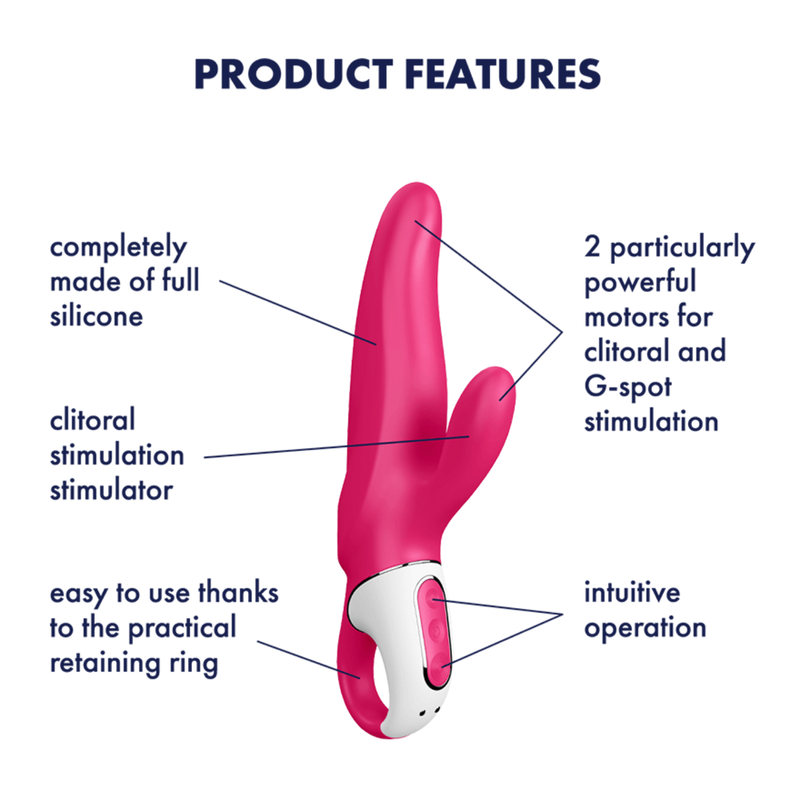 Image showing the product features. Features include - Completely made of silicone, clitoral stimulation stimulator, easy to use thanks to the practical retaining ring, two particularly powerful motors for clitoral and G-spot stimulation, and intuitive operation.