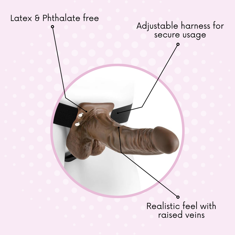 Latex & phthalate free, adjustable harness for secure usage, realistic feel with raised veins