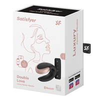 Image of the packaging for the Satisfyer Double Love Luxury Couples Vibe. This premium adult toy comes in a sturdy box that is suitable for storing this toy. Text on packaging reads Satisfyer Double Love Luxury Partner Vibrator, Free App, Bluetooth, 15 year guarantee.