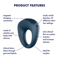 Image of the Satisfyer Power Ring Vibrating Couples Cockring listing product features. Text reads magnetic charging connection, made of stretchy and body-safe silicone, clitoral stimulation through grooved details, easily switch between 10 different vibration settings, slows blood flow to sustain erection and increase stamina, ideal for couples.