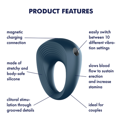 Image of the Satisfyer Power Ring Vibrating Couples Cockring listing product features. Text reads magnetic charging connection, made of stretchy and body-safe silicone, clitoral stimulation through grooved details, easily switch between 10 different vibration settings, slows blood flow to sustain erection and increase stamina, ideal for couples.