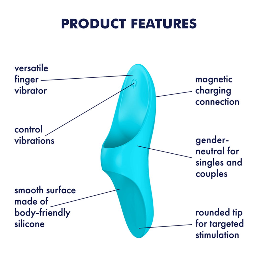 Image showing the product features. Features include - Versatile finger vibrator, control vibrations, smooth surface made of body-friendly silicone, magnetic charging connection, gender-neutral for singles and couples, rounded tip for targeted stimulation.