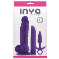 Image of the packaging for the Inya Play Things Kit. Text reads Inya Play Things, Firm silicone VRT, NS novelties, Silicone/ABS.