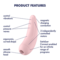 Image showing product features. Features include: Controls vibrations, controls pressure waves, ergonomic, curved shape, smooth silicone head, magnetic charging connection, two independently controlled motors, Satisfyer Connect enabled for an infinite range of programs.
