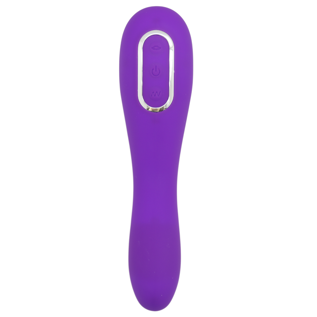 Image of the back of the clit sucker from above. This device has a power button, a vibration button, and an air pulse button, so you get to choose what to control and when! 