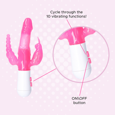 pink triple stimulator vibe as a whole and showing the control buttons on the base. cycle through the 10 vibrating functions. on/off button